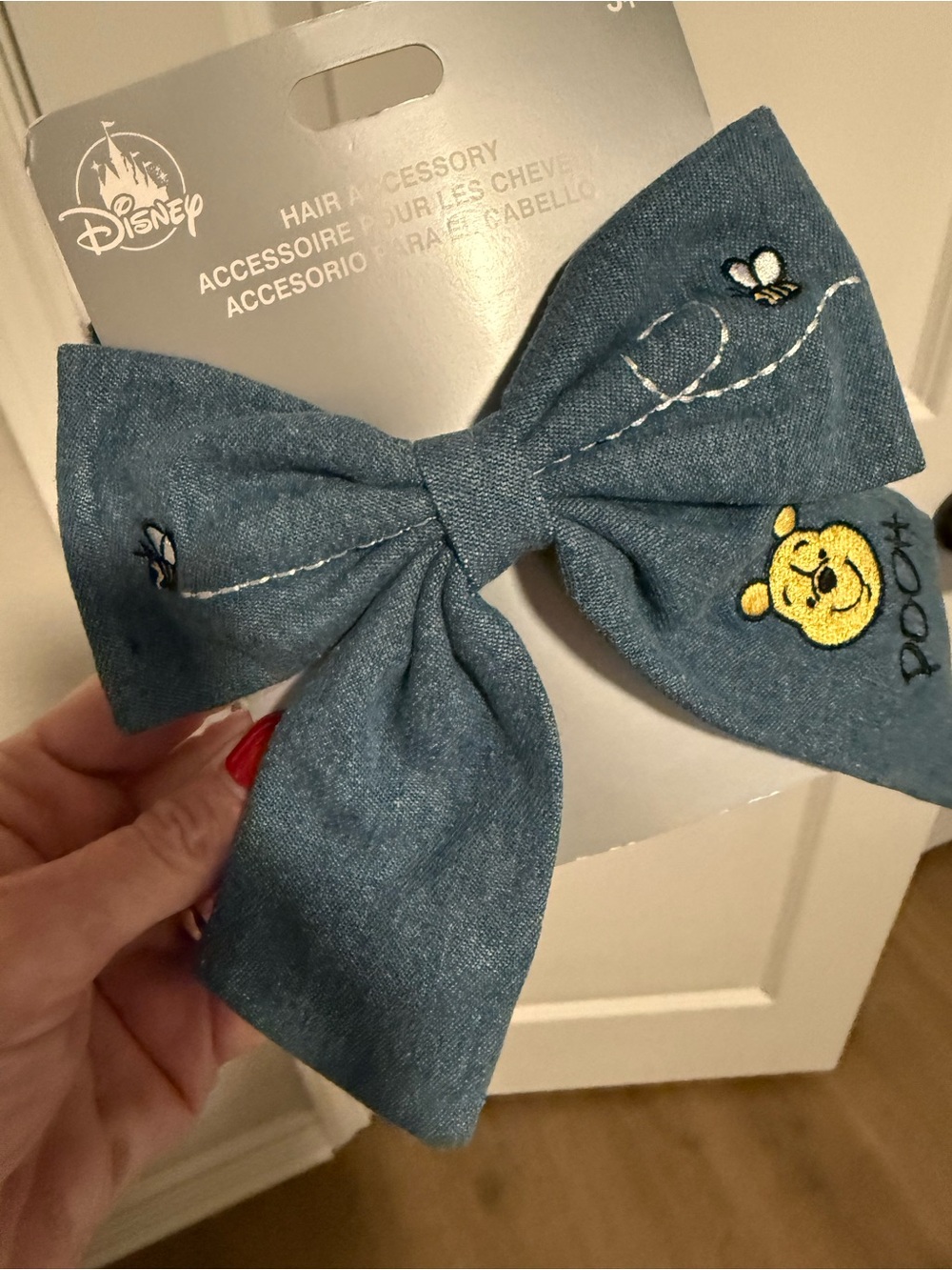 Disney Denim-Look Winnie the Pooh Bow Hair Clip with Bee Embroidery